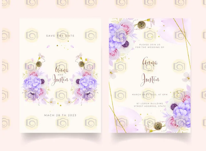 Wedding Save The Date Card Featuring Elegant Purple Flowers And Gold Foil Accents